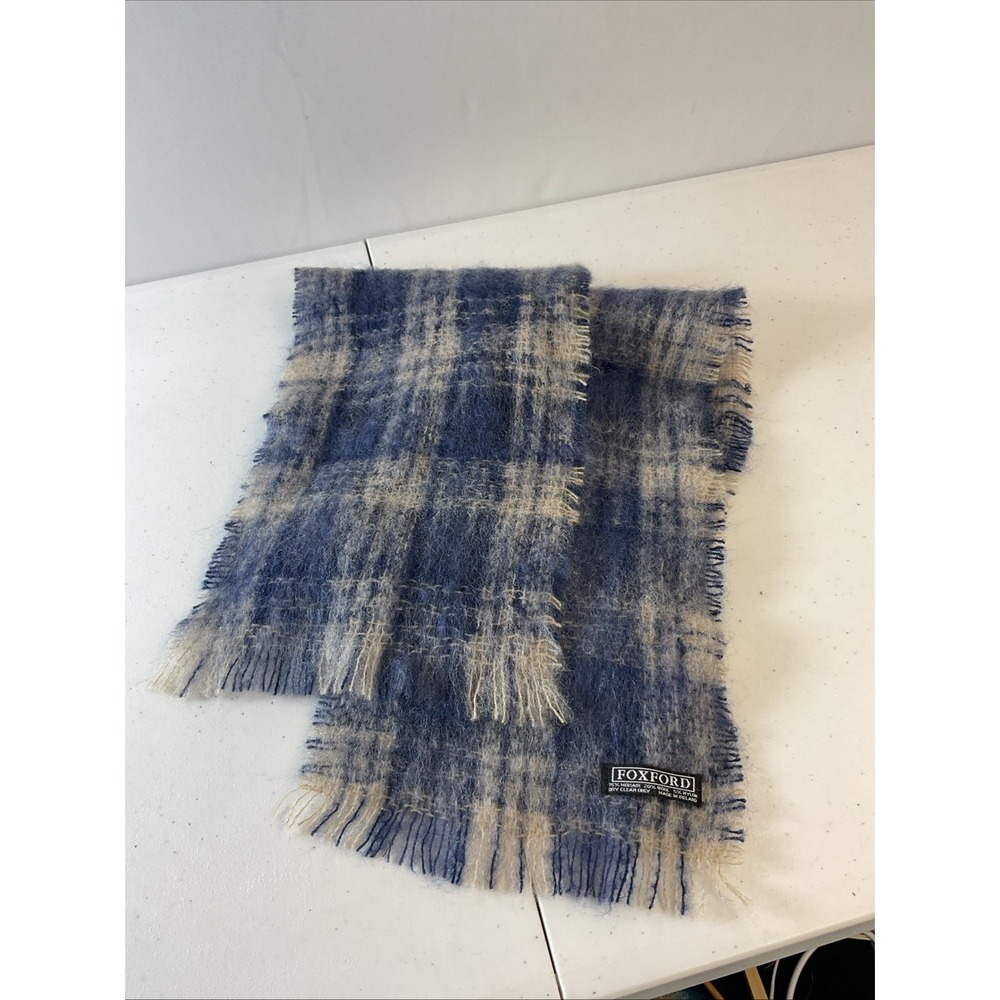Foxford Ireland‎ Mohair/Wool Scarf 57"by9" Blue Plaid Soft Fuzzy Warm